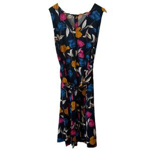 Ann Taylor Factory Floral Tie Waist Midi Dress Navy Multicolor Size Large Cotton